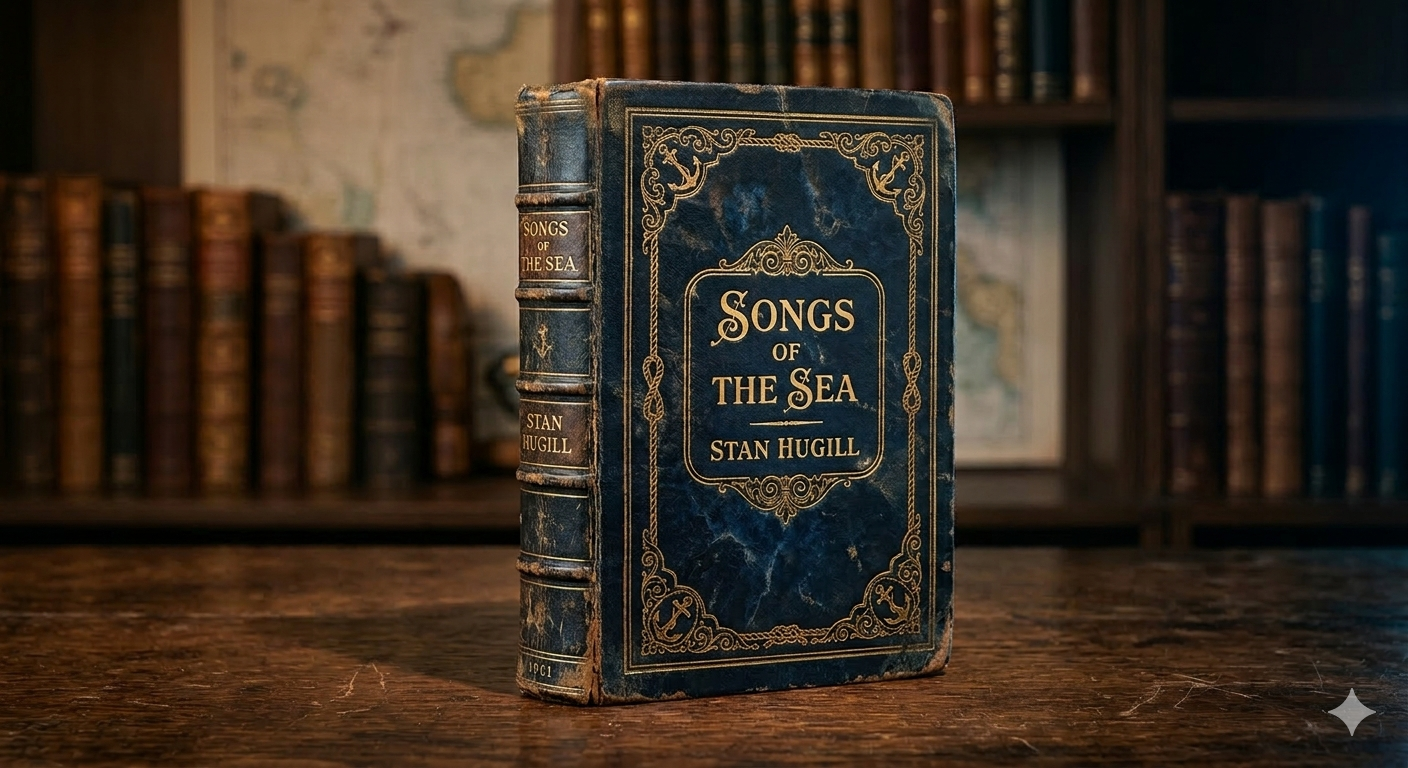An old midnight-blue leather book titled Songs of the Sea by Stan Hugill with gilded embossed lettering.