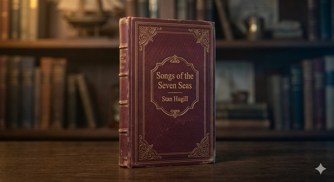 An old burgundy cloth book titled Songs of the Seven Seas by Stan Hugill with gilded embossed lettering.