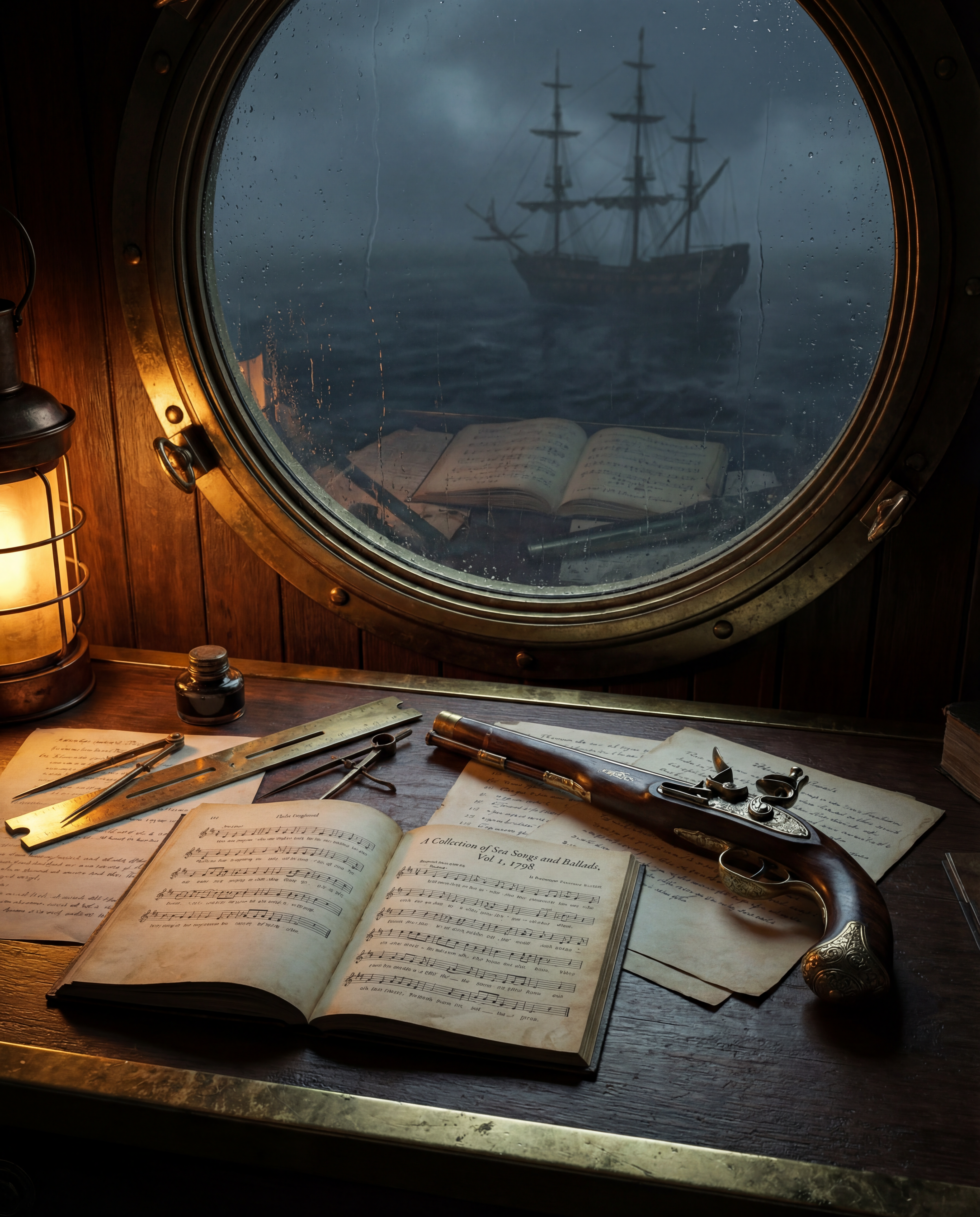 An open historical maritime songbook on a chart table with notation sheets, brass tools, a decorated flintlock pistol, lantern light, and a ship visible beyond a rain-streaked porthole with reflected notation in the glass.